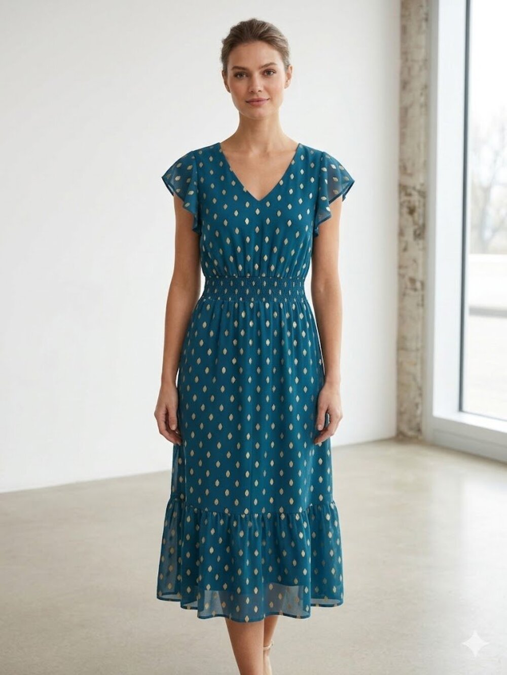 Grace Karin Dark Teal Midi Dress with Gold Dot Print
